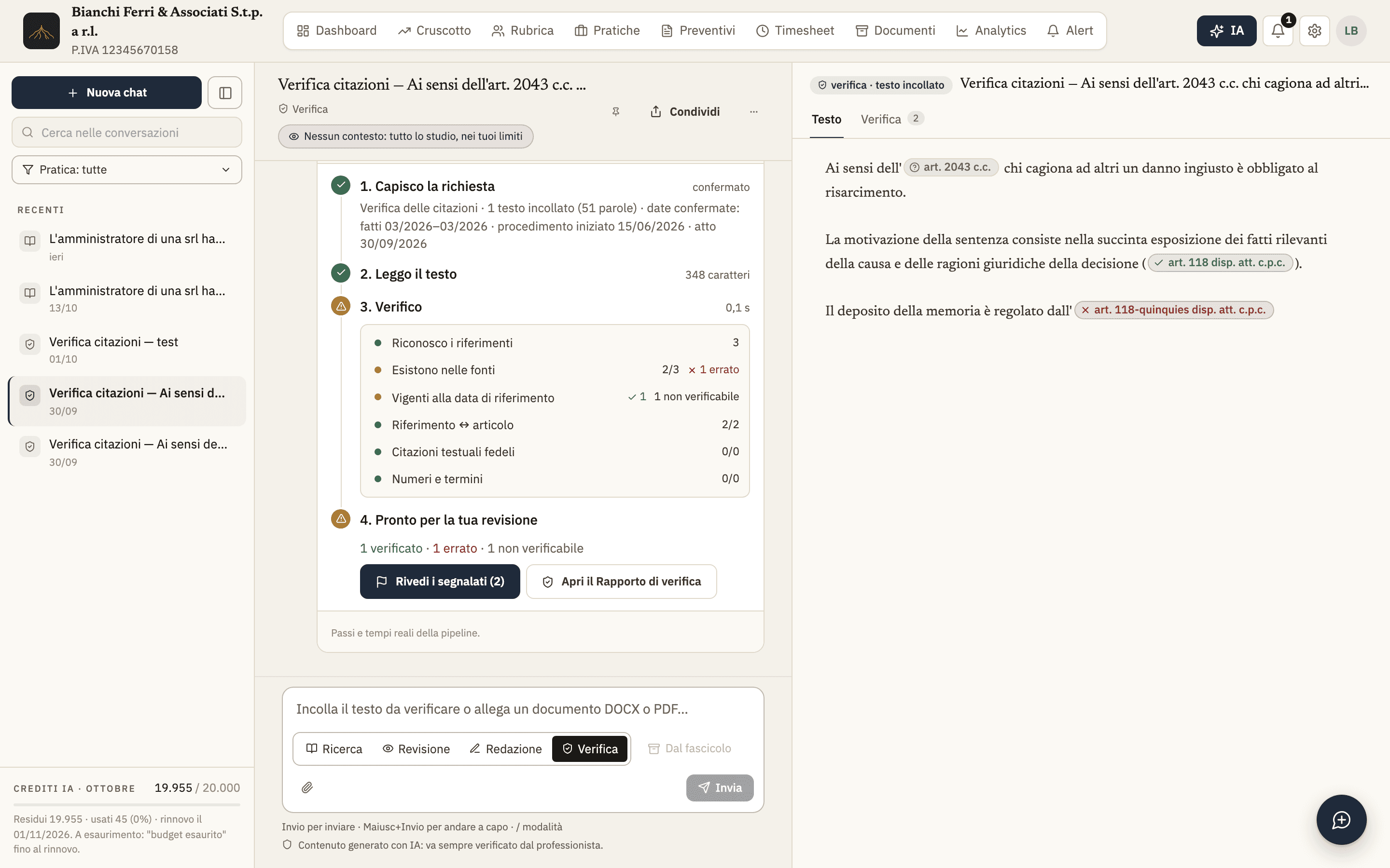 La verifica delle citazioni di IureSync: due riferimenti confermati e uno segnalato come errato, evidenziato nel testo.