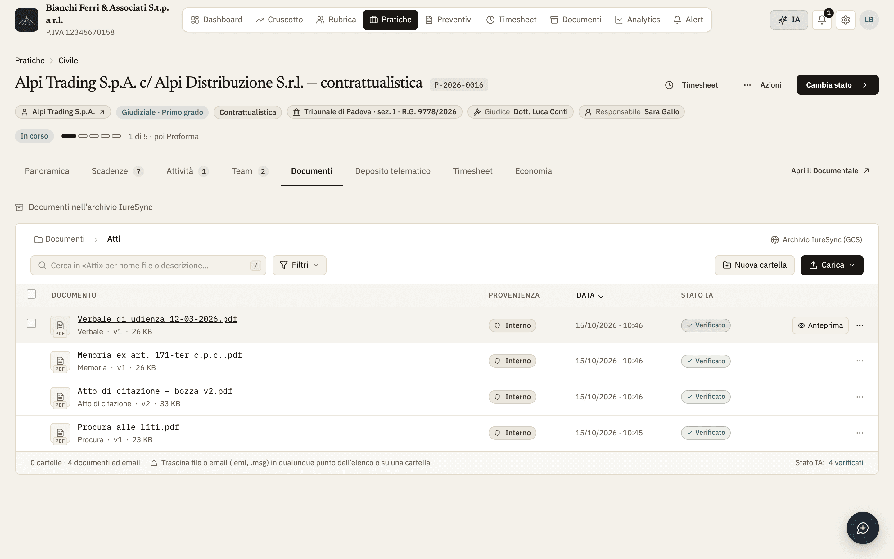 La cartella Atti di una pratica in IureSync: procura, atto di citazione in seconda versione, memoria e verbale di udienza.
