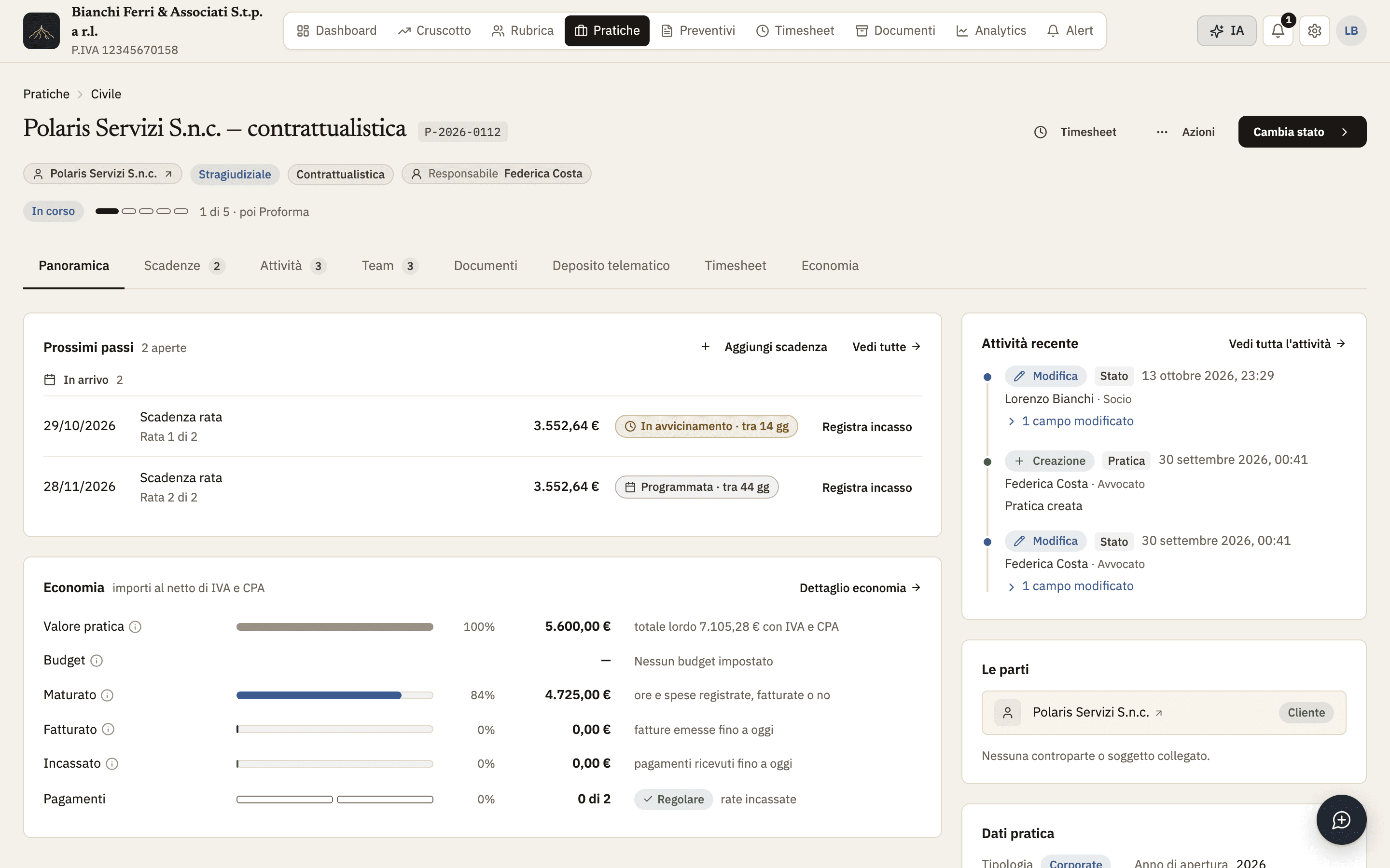 La scheda di una pratica in IureSync con parti, team e dati economici.